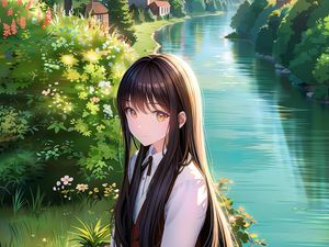 Preview wallpaper girl, river, home, anime