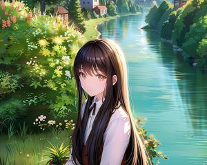 Preview wallpaper girl, river, home, anime