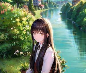 Preview wallpaper girl, river, home, anime