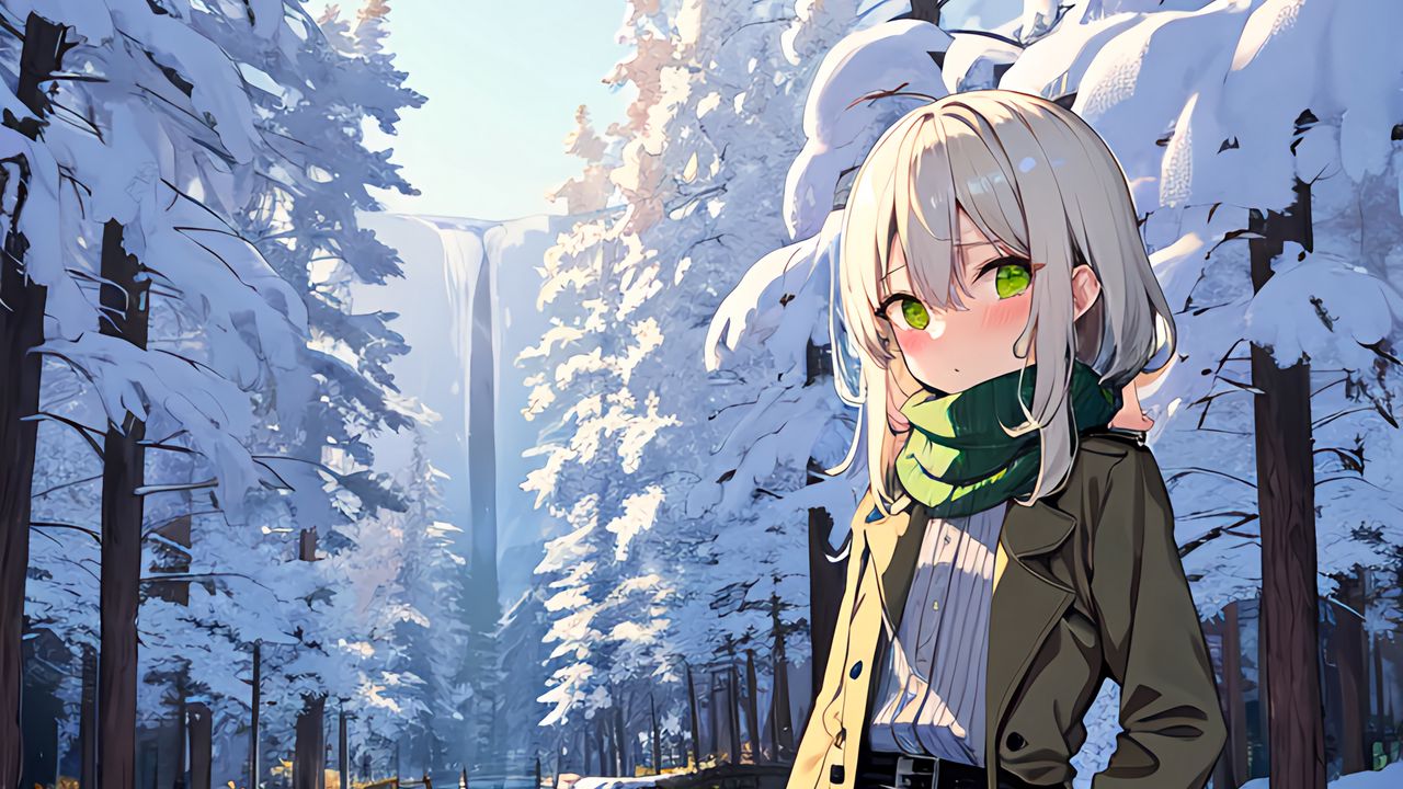 Wallpaper girl, river, snow, winter, anime, art