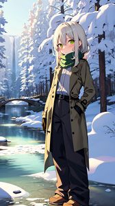 Preview wallpaper girl, river, snow, winter, anime, art