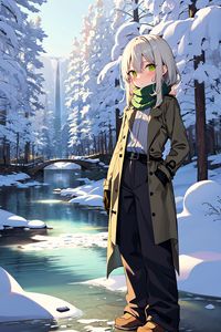 Preview wallpaper girl, river, snow, winter, anime, art