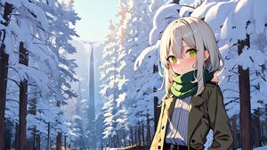 Preview wallpaper girl, river, snow, winter, anime, art