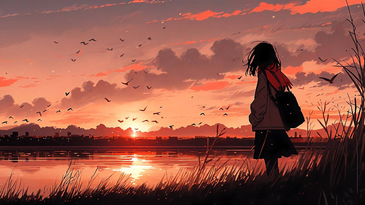 Wallpaper girl, river, sunset, bird, anime, art