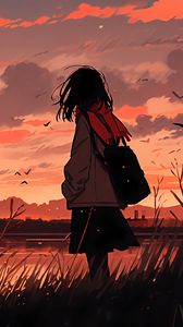 Preview wallpaper girl, river, sunset, bird, anime, art