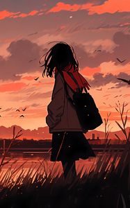 Preview wallpaper girl, river, sunset, bird, anime, art