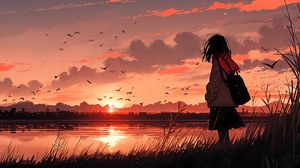 Preview wallpaper girl, river, sunset, bird, anime, art
