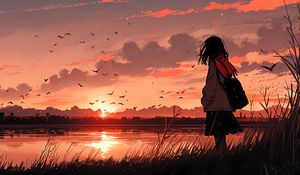 Preview wallpaper girl, river, sunset, bird, anime, art