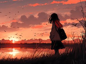 Preview wallpaper girl, river, sunset, bird, anime, art