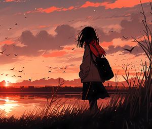 Preview wallpaper girl, river, sunset, bird, anime, art
