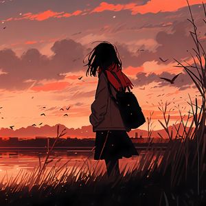 Preview wallpaper girl, river, sunset, bird, anime, art