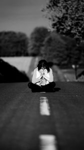 Preview wallpaper girl, road, markings, nature, black and white