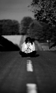 Preview wallpaper girl, road, markings, nature, black and white