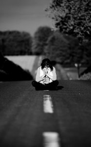 Preview wallpaper girl, road, markings, nature, black and white