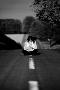 Preview wallpaper girl, road, markings, nature, black and white