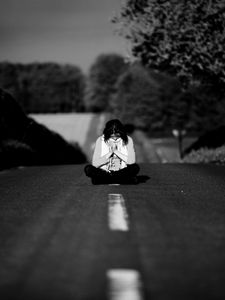 Preview wallpaper girl, road, markings, nature, black and white