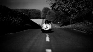 Preview wallpaper girl, road, markings, nature, black and white