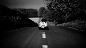 Preview wallpaper girl, road, markings, nature, black and white