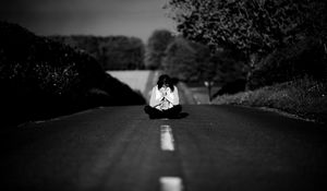 Preview wallpaper girl, road, markings, nature, black and white