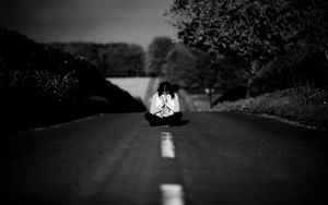 Preview wallpaper girl, road, markings, nature, black and white