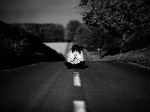 Preview wallpaper girl, road, markings, nature, black and white