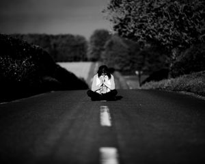 Preview wallpaper girl, road, markings, nature, black and white