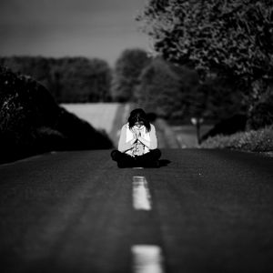 Preview wallpaper girl, road, markings, nature, black and white