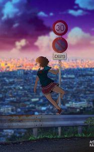 Preview wallpaper girl, road sign, city, art