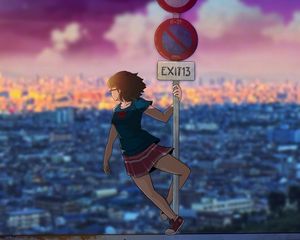 Preview wallpaper girl, road sign, city, art