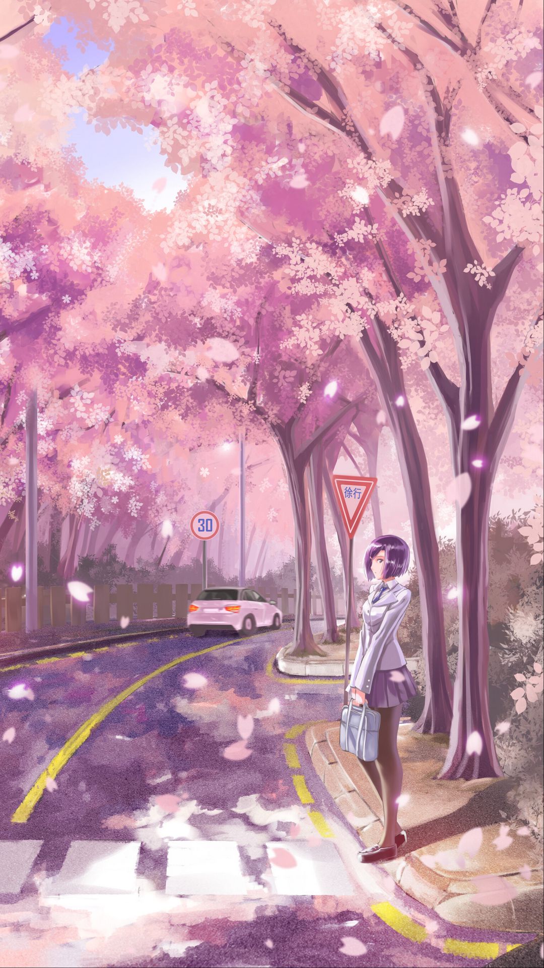 Download wallpaper 1080x1920 girl, road, transition, sakura, live ...