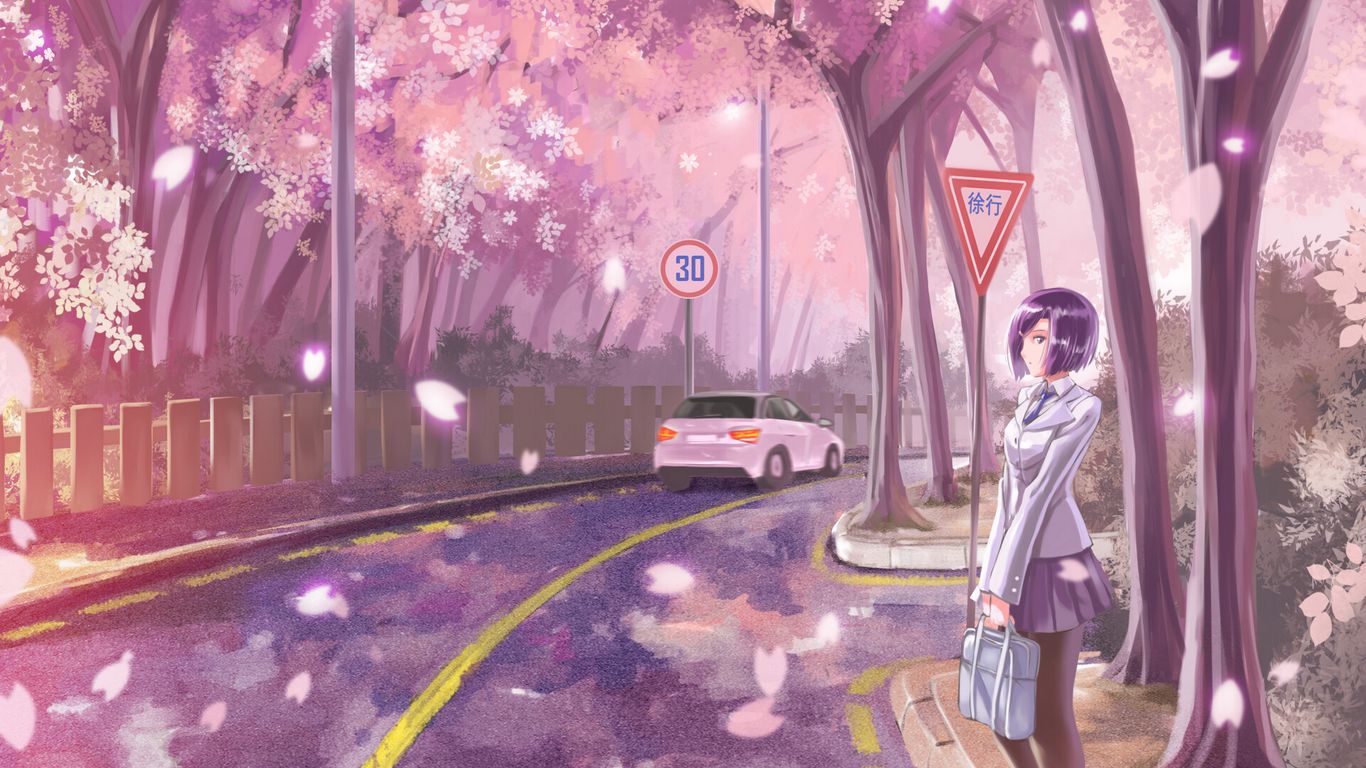 Download wallpaper 1366x768 girl, road, transition, sakura, live, anime,  art tablet, laptop hd background