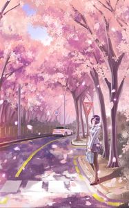 Preview wallpaper girl, road, transition, sakura, live, anime, art