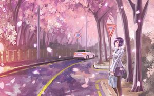 Preview wallpaper girl, road, transition, sakura, live, anime, art