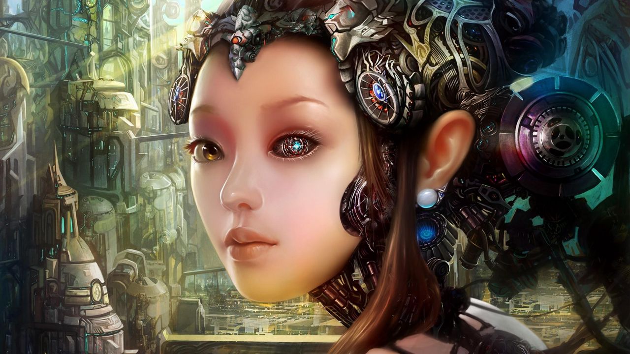 Wallpaper girl, robot, cyborg, city