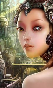 Preview wallpaper girl, robot, cyborg, city
