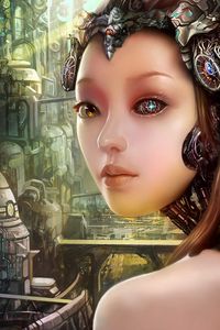 Preview wallpaper girl, robot, cyborg, city