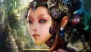 Preview wallpaper girl, robot, cyborg, city