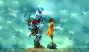 Preview wallpaper girl, robot, flowers, gift