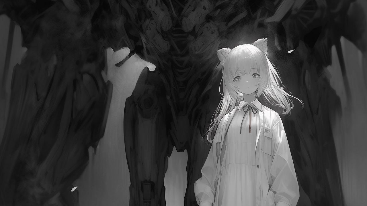 Wallpaper girl, robot, giant, black and white, anime, art