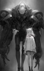 Preview wallpaper girl, robot, giant, black and white, anime, art