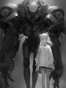 Preview wallpaper girl, robot, giant, black and white, anime, art