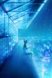 Preview wallpaper girl, roof, art, snow, height, blue
