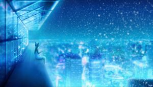 Preview wallpaper girl, roof, art, snow, height, blue