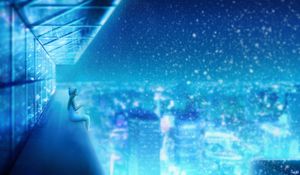 Preview wallpaper girl, roof, art, snow, height, blue