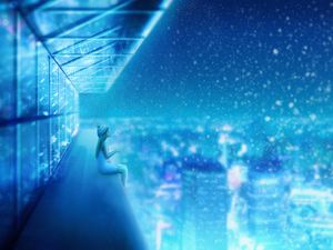 Preview wallpaper girl, roof, art, snow, height, blue