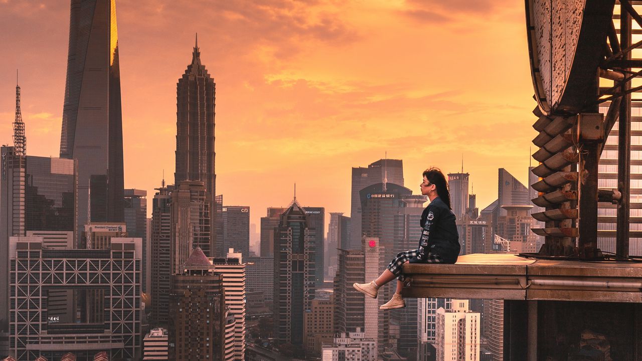 Wallpaper girl, roof, skyscrapers, metropolis, solitude, alone