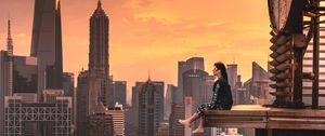 Preview wallpaper girl, roof, skyscrapers, metropolis, solitude, alone