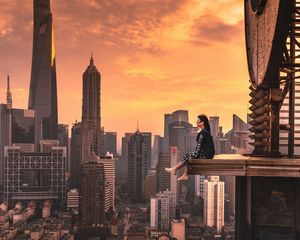 Preview wallpaper girl, roof, skyscrapers, metropolis, solitude, alone