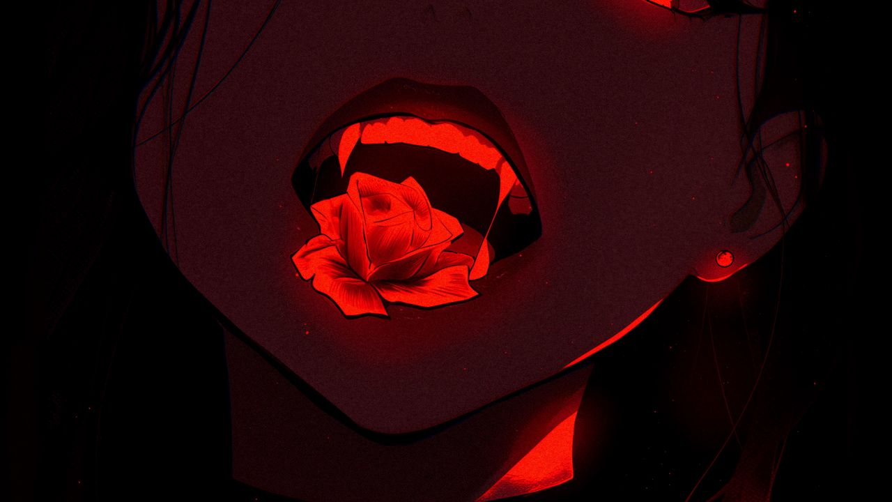 Wallpaper girl, rose, fangs, dark, anime