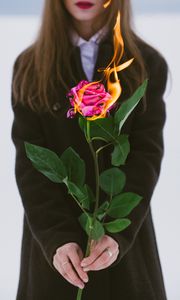 Preview wallpaper girl, rose, flower, fire, hands, flame